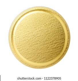 Golden Metal Lid Of Jar Isolated On White. Top View.