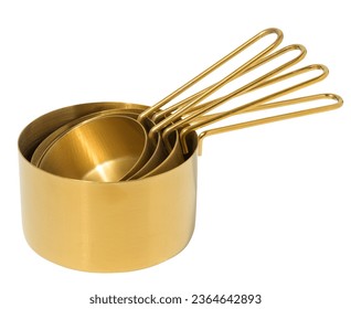 Golden metal measuring spoons for bulk and liquid products on a white isolated background - Shutterstock ID 2364642893