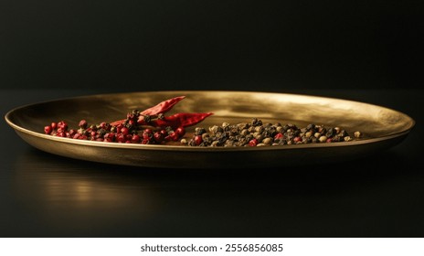 A golden metallic dish contains a mix of red peppercorns, black peppercorns, and dried red chili peppers against a dark background. - Powered by Shutterstock