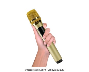 Golden microphone held in a hand, featuring a stylish design perfect for performances and recordings, showcasing a touch of elegance and professionalism in audio equipment. - Powered by Shutterstock