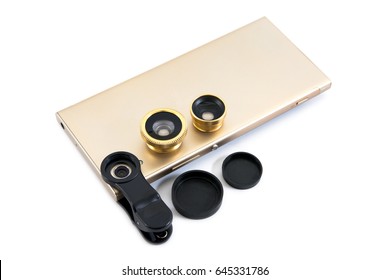 Golden mobile phone with zoom lens,clip and cover isolated on white background.Gold smar tphone with lens isolated