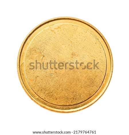 Golden mockup coin, empty coin with worn surface. Isolated on white. Ready for clipping path.