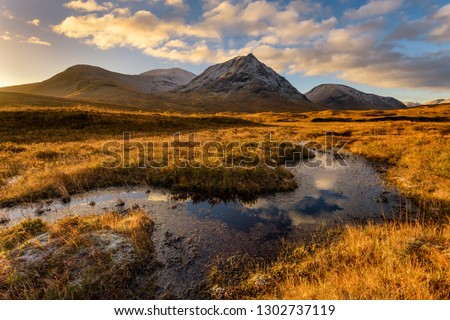 Golden Morning Light At Rannoch Moor With Snowcapped Scottish Mountains.