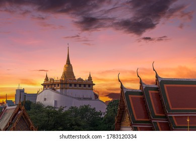 Golden Mountain Pagoda During Sunrise Time In Bangkok, Thailand.	