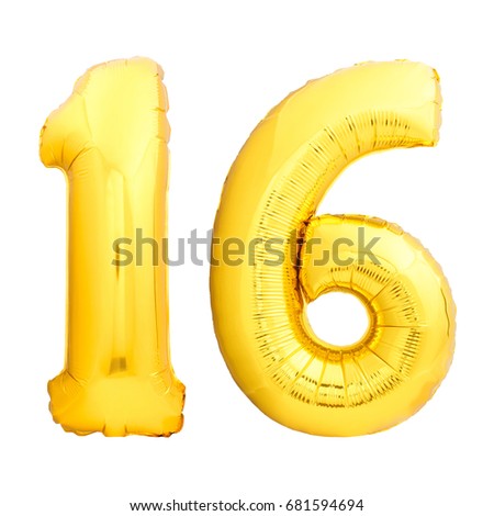 Golden number 16 sixteen made of inflatable balloon isolated on white background. Sweet sixteen birthday concept