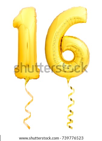 Golden number 16 sixteen made of inflatable balloon with golden ribbon isolated on white background