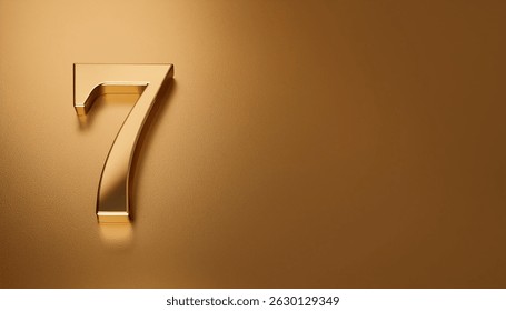 Golden number 7 seven on golden background with gradient and copy space. 3D rendering. Close-up.