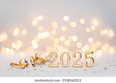 Golden numbers 2025 stand prominently with festive ribbons, confetti and soft, glowing lights creating a joyful atmosphere for New Year celebrations. - Powered by Shutterstock