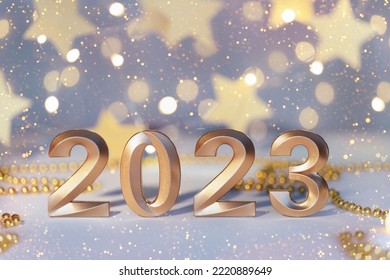 Golden numbers of year 2023. Glowing festive garland with bokeh on light background. Happy New Year greeting card. Greeting card with stars - Shutterstock ID 2220889649