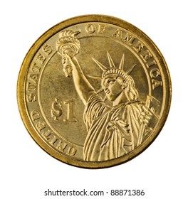 Golden One Dollar Coin Isolated On White