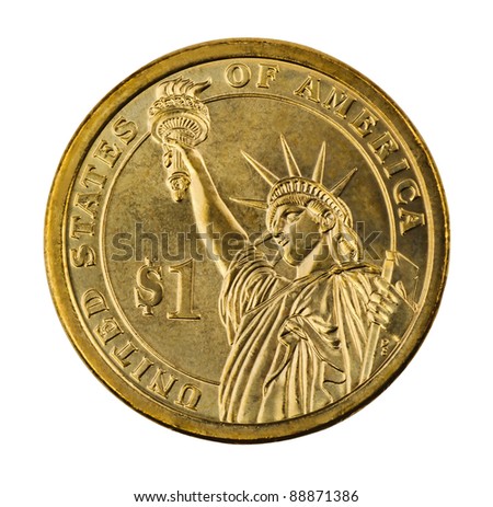 Golden one dollar coin isolated on white
