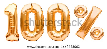 Golden one hundred percent sign made of inflatable balloons isolated on white. Helium balloons, gold foil numbers. Sale decoration, black friday, discount. 100 percent real, original product