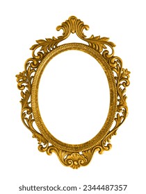 Golden oval baroque style picture frame isolated cutout on white background