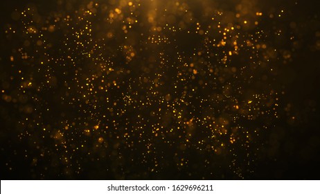 golden particles shining stars dust bokeh flare glitter awards dust abstract background. Futuristic glittering in space on black background.