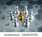 The golden pawn chess piece standing in the center of silver pawn chess pieces group with business strategy element icon sign on hexagon pattern background. Leadership, teamwork, company, concepts.