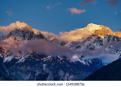 Golden peaks of Kinnaur Kailash Mountain range at the time of sunrise . taken at Kalpa Himachal Pradesh India.