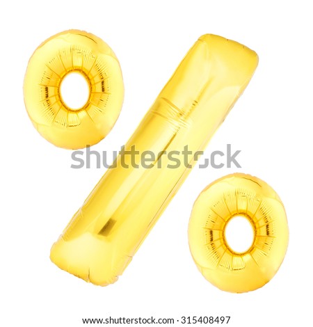 Golden percent symbol helium air balloon isolated on white background
