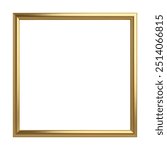 Golden photo frame isolated on a white background. Object with clipping path. Modern simple gold frame ideal for advertisement background and photography concept. Picture frame isolated on white.