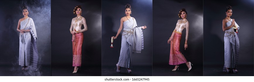 Golden Pink Blue Dress of Thai Traditional Costume or South East Asia Dress in Asian Woman with decoration portrait in many poses under Studio lighting dark smoke background, collage group pack - Powered by Shutterstock