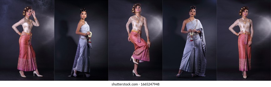 Golden Pink Blue Dress of Thai Traditional Costume or South East Asia Dress in Asian Woman with decoration portrait in many poses under Studio lighting dark smoke background, collage group pack - Powered by Shutterstock