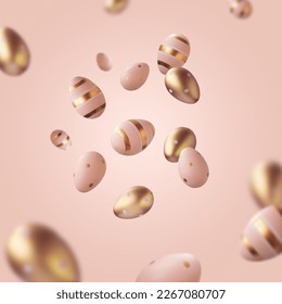 Golden and pink Easter eggs in motion, flying, against pink background. Minimal creative Easter concept