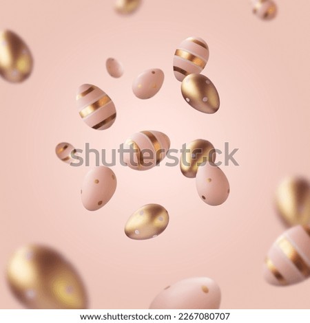 Golden and pink Easter eggs in motion, flying, against pink background. Minimal creative Easter concept