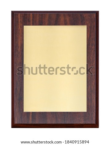Golden plaque or name board (diploma) in wooden frame, isolated on a white background
