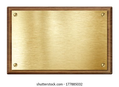 golden plate or  nameboard in wooden frame isolated on white