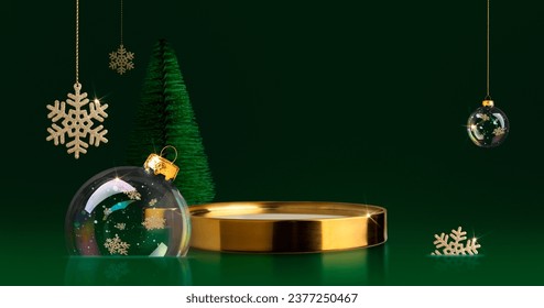 Golden podium and Christmas decor, fir trees, transparent balls on a dark green background Concept stage showcase for sale, banner - Powered by Shutterstock