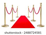 Golden pole barricade with red carpet isolated on white background