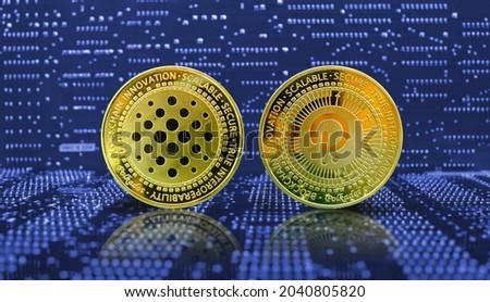 Golden polkadot dot coin cryptocurrency on computer electronic circuit board background