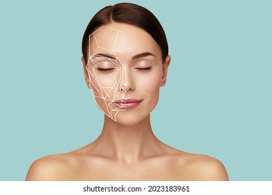 Golden ratio female face portrait. Personalized skincare concept. Face symmetry
