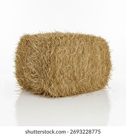 Golden Rectangular Hay Bale Isolated on White Background