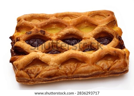 Golden rectangular lattice pie with flaky baked pastry and mixed fruit filling, isolated on white for food, bakery, dessert and seasonal themes.