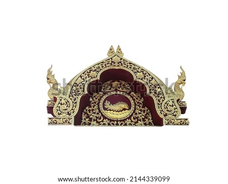 Golden red gable temple stucco decorative on wood entrance arches with serpent king statue (naga), fish and floral isolated on white background , clipping path	