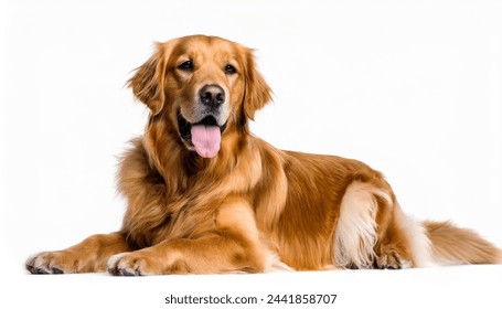 Golden Retriever dog - Canis lupus familiaris - great popular family domestic animal good with children isolated on white background tongue out while panting, laying and looking towards camera - Powered by Shutterstock