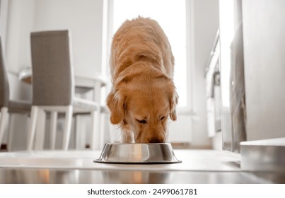 Golden Retriever Dog Eats From Bowl In Kitchen With Bright Interior - Powered by Shutterstock