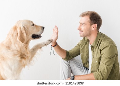 golden retriever dog giving five to happy man against white wall - Shutterstock ID 1181423839