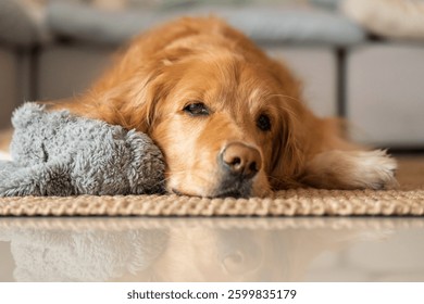 A golden retriever at home resting on a soft rug next to a grey plush toy