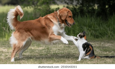 A golden retriever playfully wags its tail while a curious gray tabby cat swats at its nose in a sunlit garden, surrounded by blooming flowers and gentle breezes.