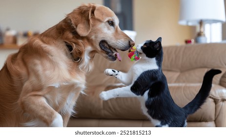 A golden retriever playfully wags its tail while a curious gray tabby cat swats at its nose in a sunlit garden, surrounded by blooming flowers and gentle breezes. - Powered by Shutterstock