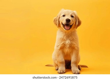 Golden retriever puppy sits down