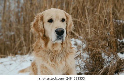 A golden retriever is sitting in a snowy field with tall, dry grass in the background. The dog is looking directly at the camera with a gentle expression. - Powered by Shutterstock