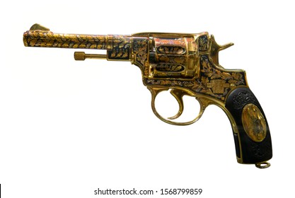  Golden Revolver Of The Nagan System-The First Weapons Factory In Tula, 1928. Isolated On White