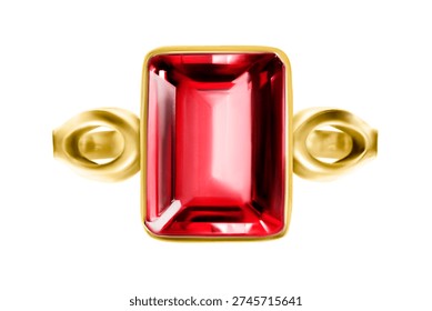 Golden ring with large ruby gemstone isolated on white background