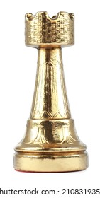 Golden Rook Isolated On White. Chess Piece