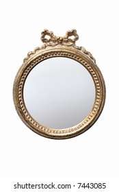 Golden Round Hand Made Frame With Mirror Isolated On White Background