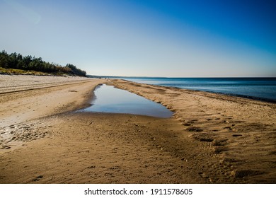 Golden Sandy Beach On The Shore Of Baltic Sea On Sunny Day, Blue Sky With No Clouds, Still Water, Wet Sand Close Up, Green Dune Thickets