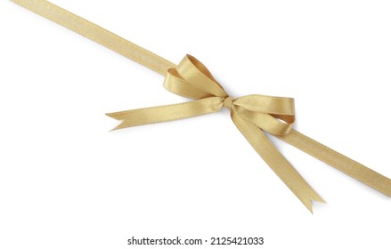 Golden satin ribbon with bow on white background, top view