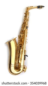 Golden saxophone isolated on white background - Shutterstock ID 354039968
